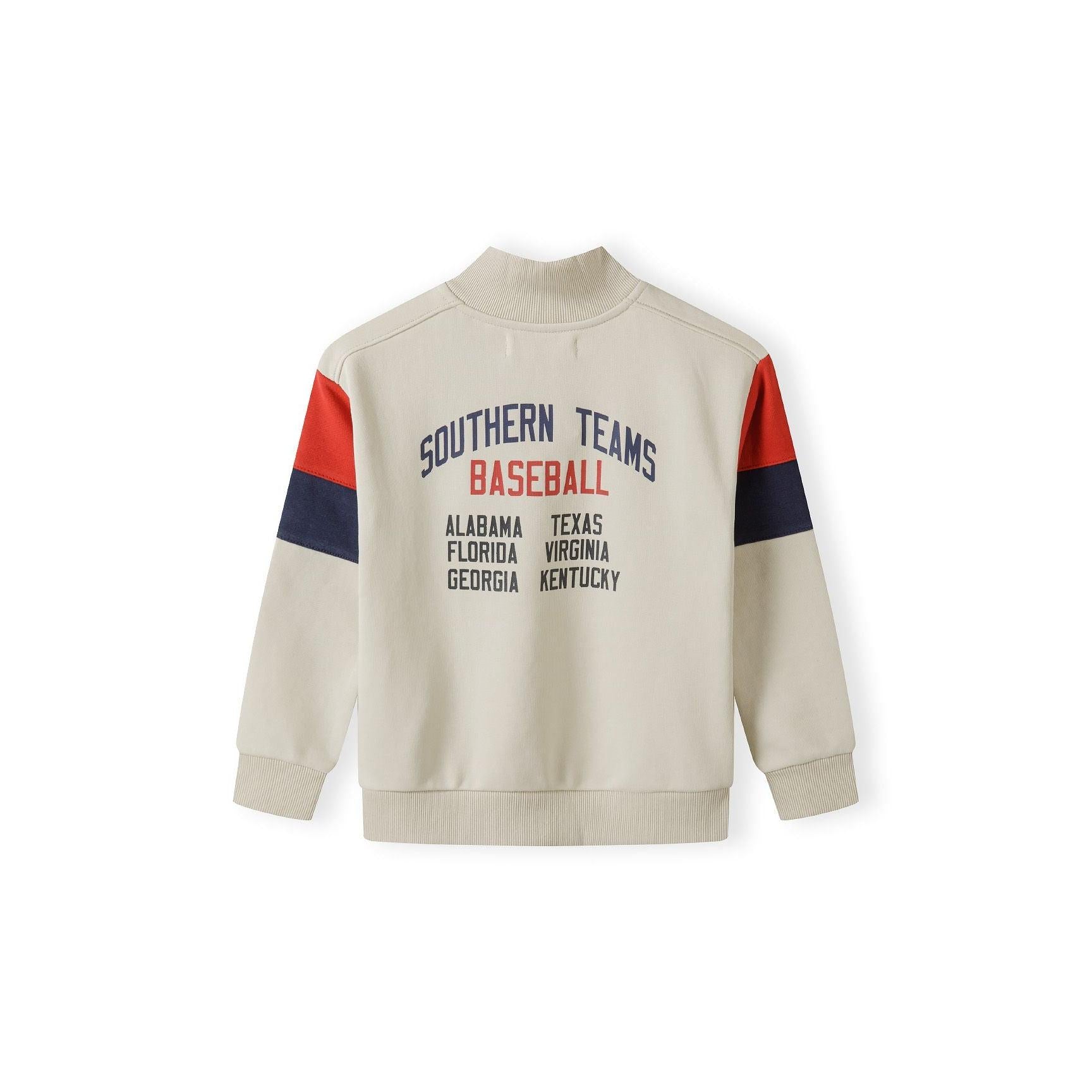 Back view of cream sweatshirt showing Southern Teams Baseball text with team names Alabama, Texas, Florida, Virginia, Georgia, Kentucky, laid flat on white background