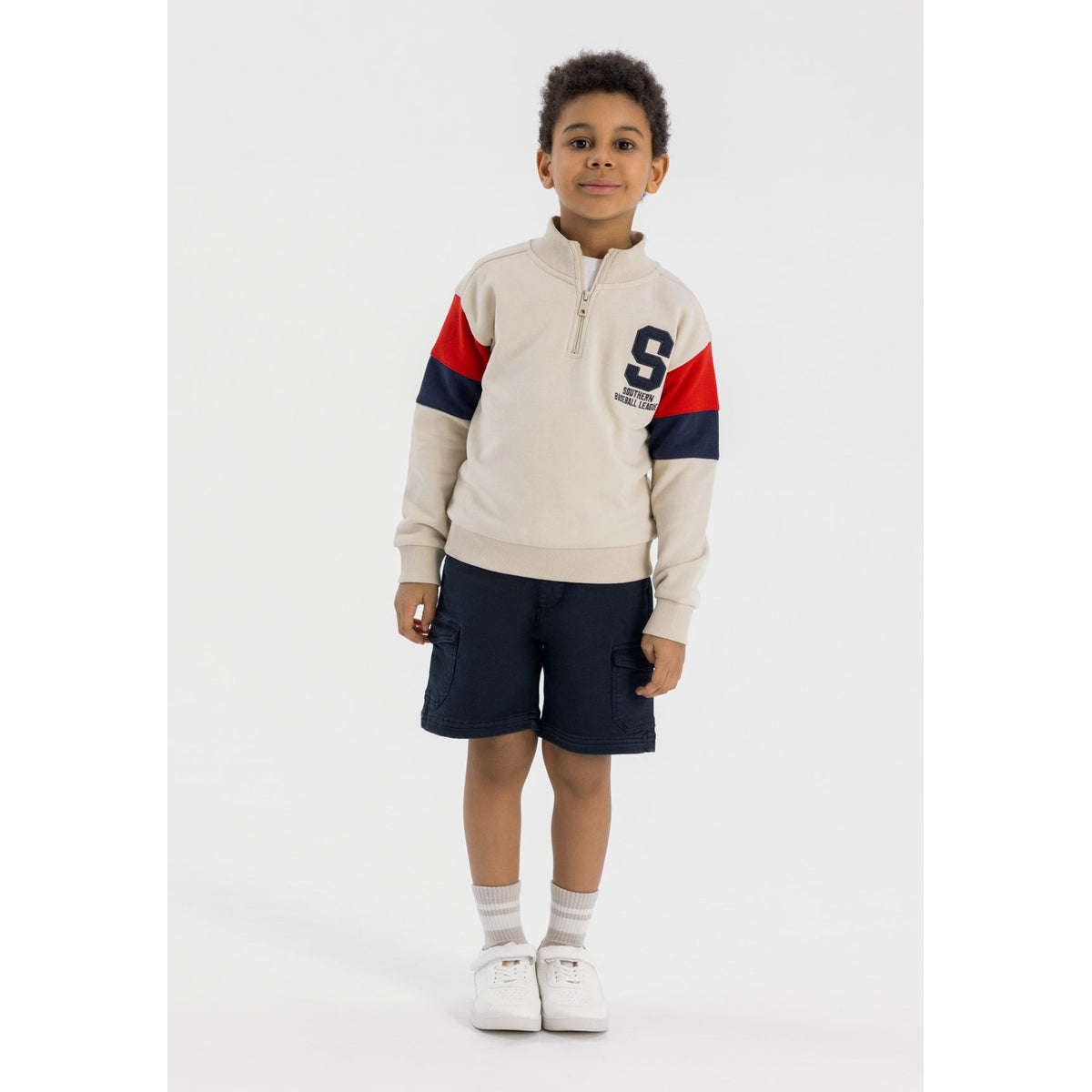 Boys' quarter-zip sweatshirt in cream, red and navy — complete product view for square Shop card