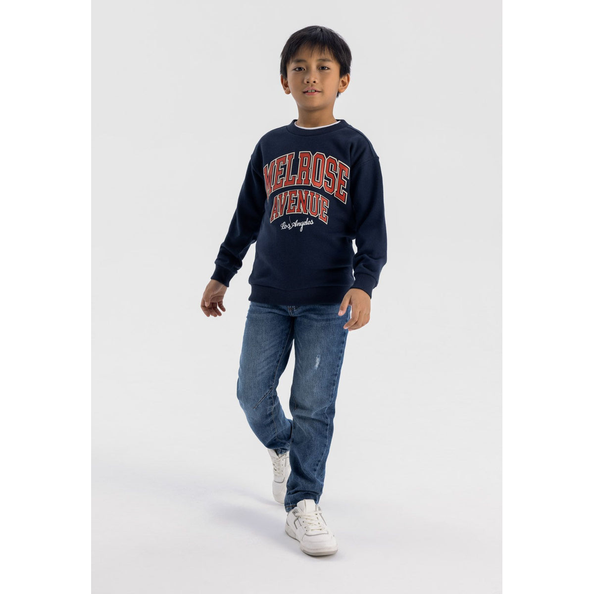 Boys' crew neck sweatshirt in navy — complete product view for square Shop card
