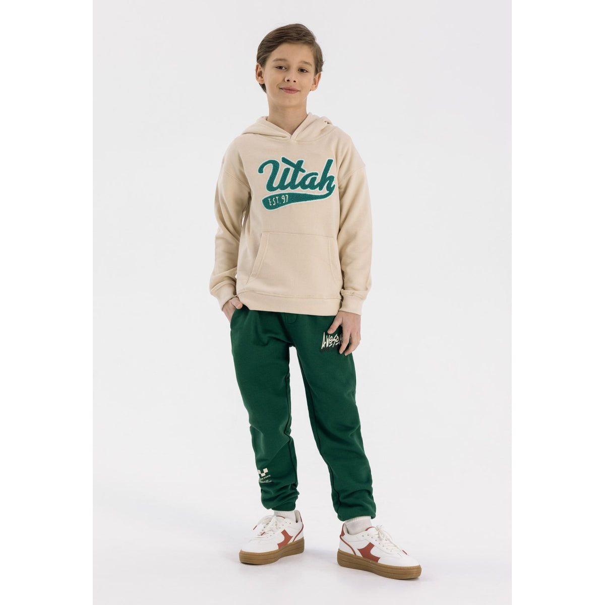 Boys' pullover hoodie in cream — complete product view for square Shop card