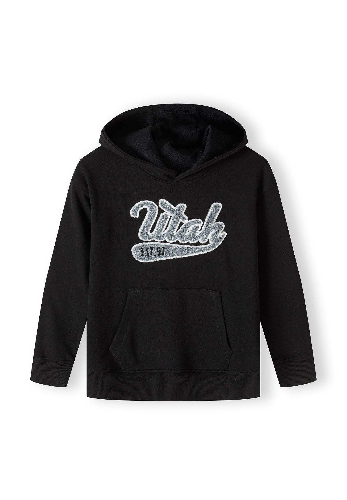 Black pullover hoodie, front.