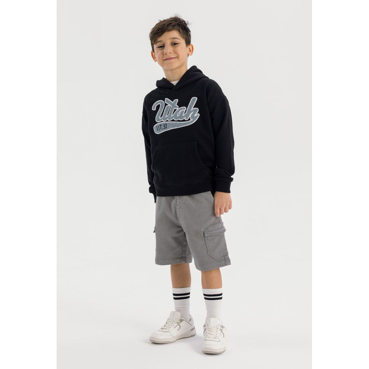 Boys' pullover hoodie in black — complete product view for square Shop card