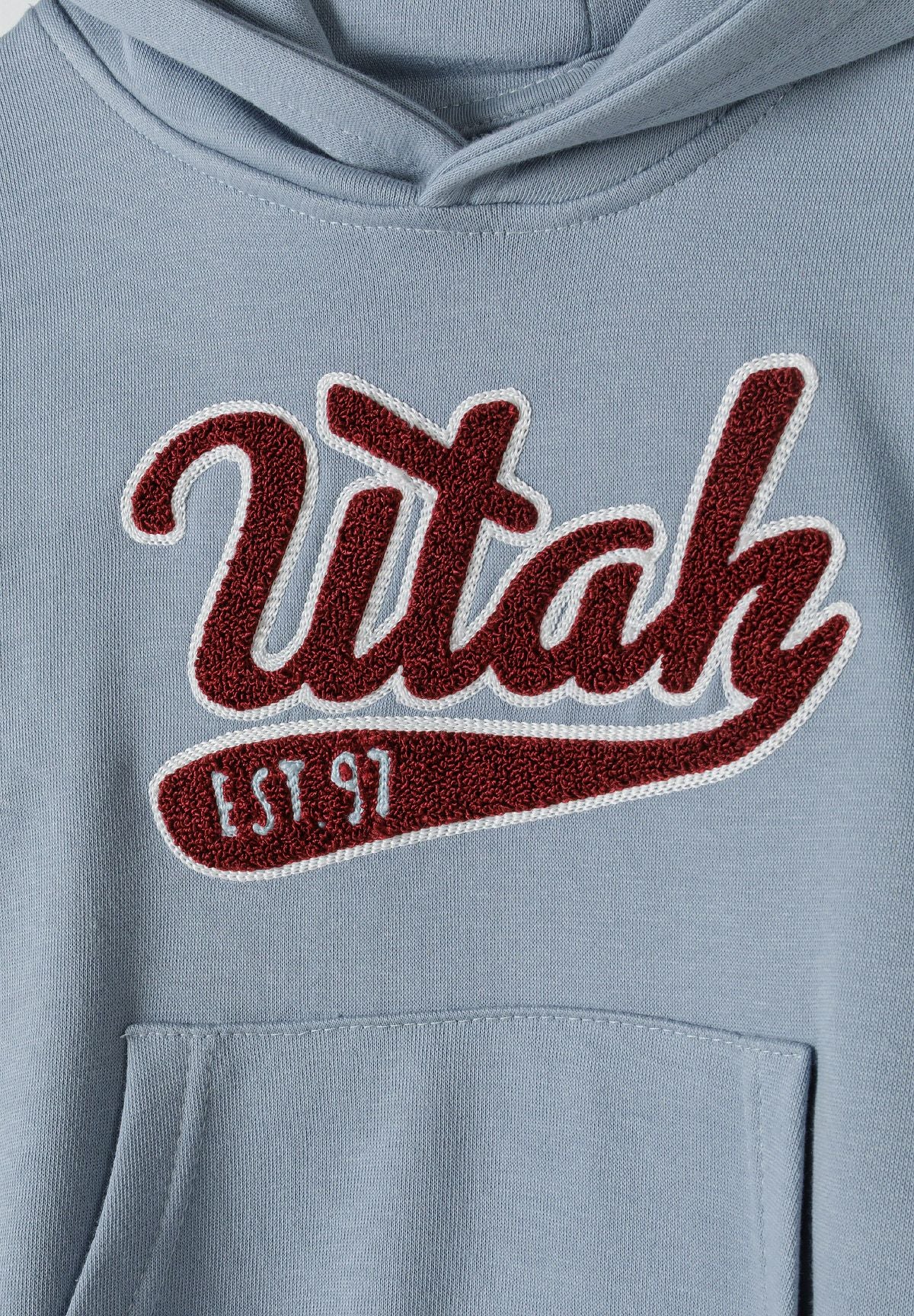 Light blue pullover hoodie, lettering detail.