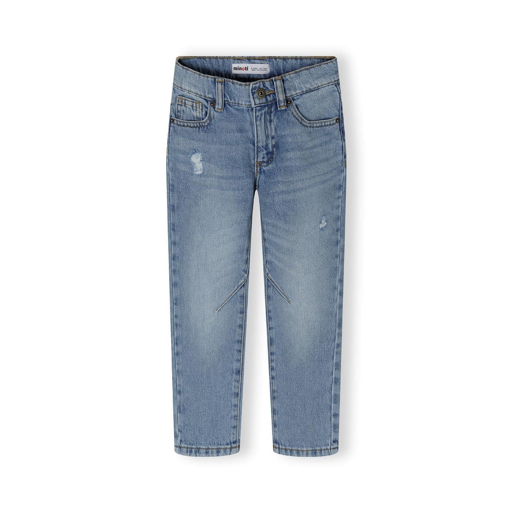 Front view of light blue baggy jeans with elasticated waist, showing relaxed fit and subtle distressed details on white background