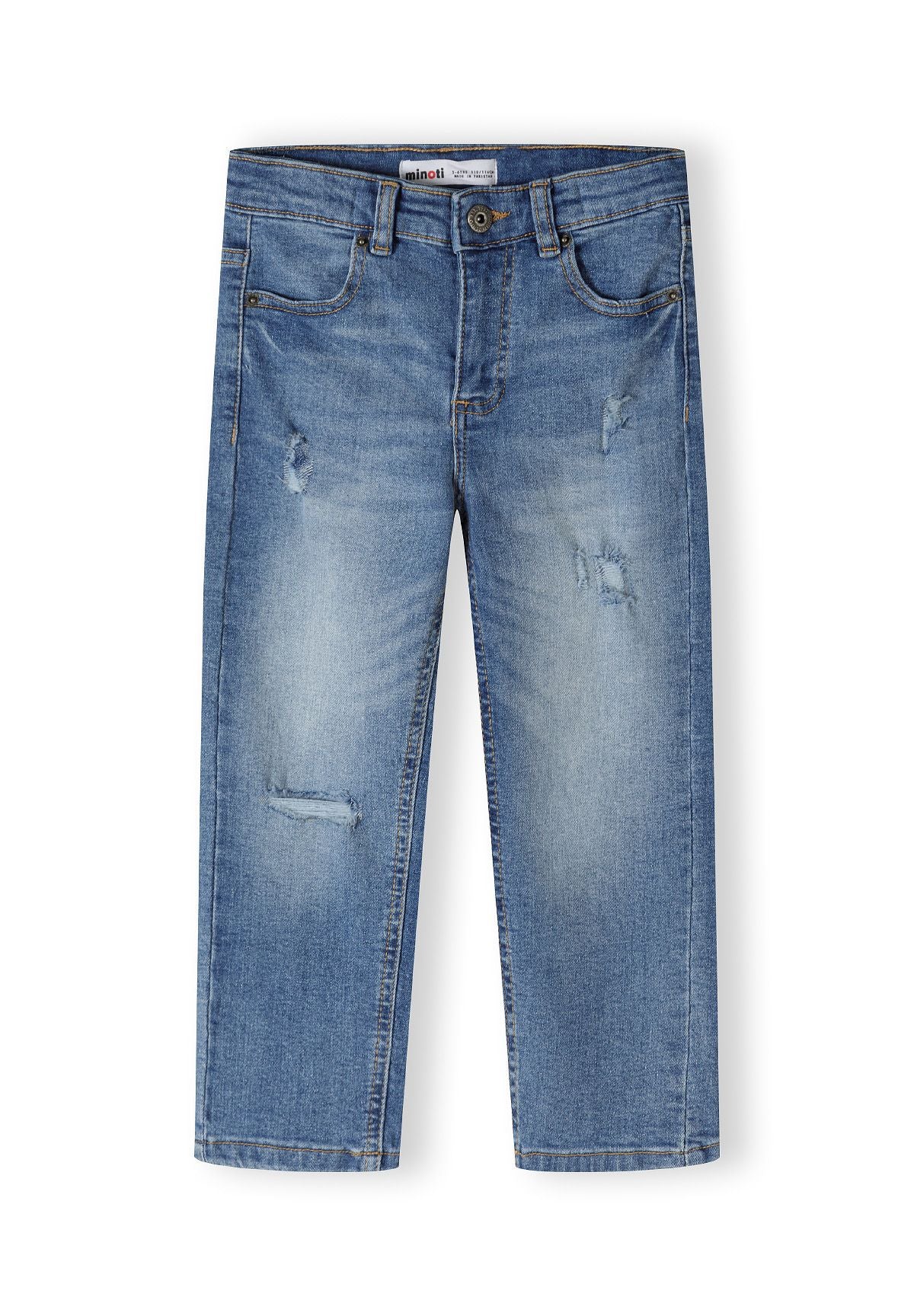Blue distressed jeans, front.