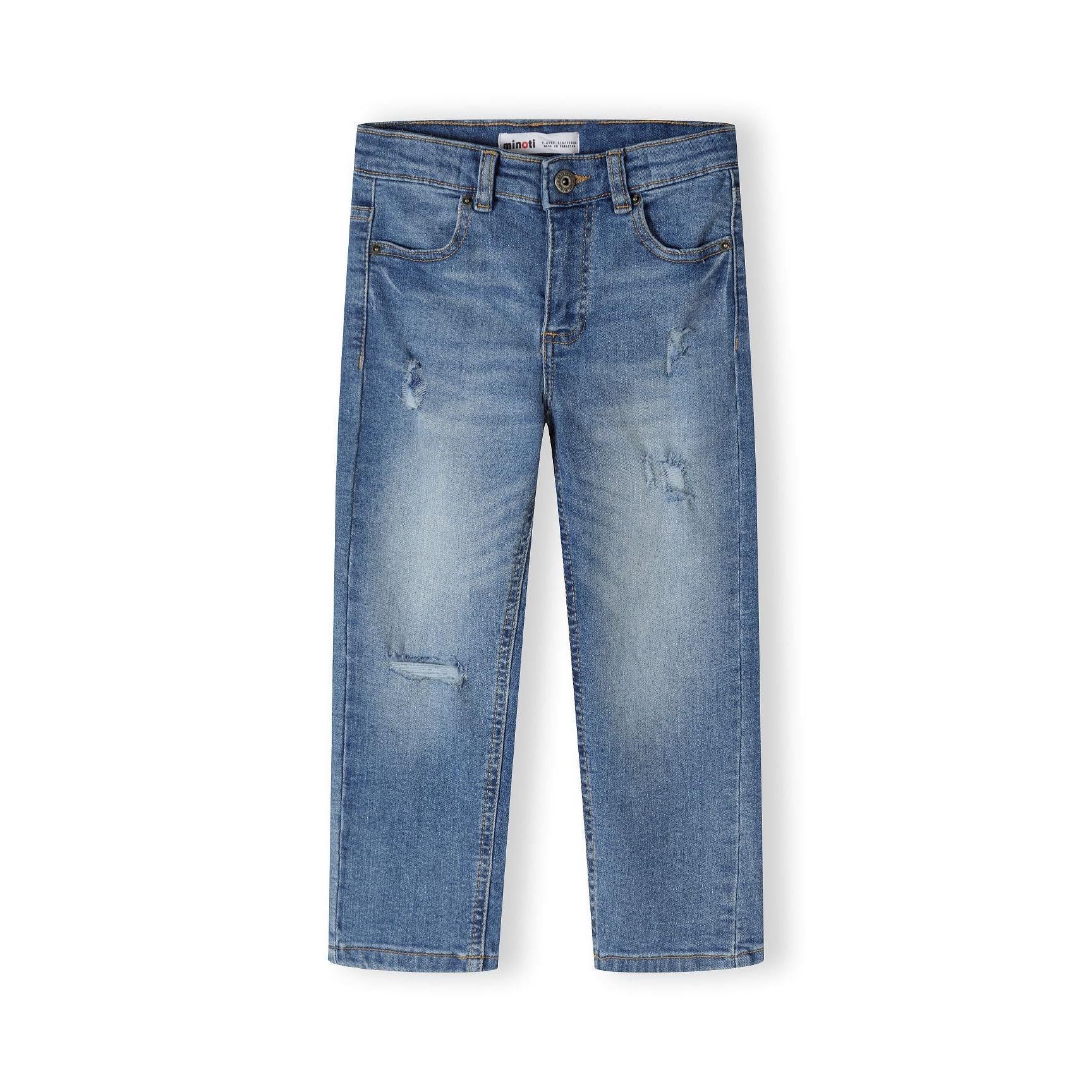 Navy straight leg jeans with ripped details shown flat against white background, front view showing button fastening and distressed areas