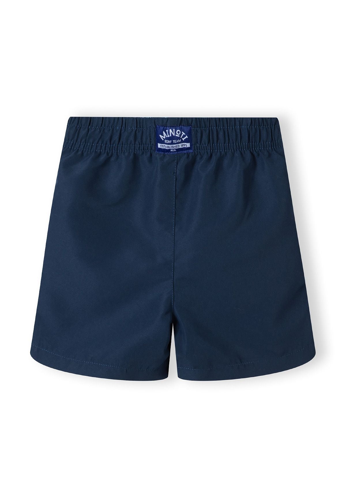 Boys beach swim shorts in navy, back view with elasticated waistband.