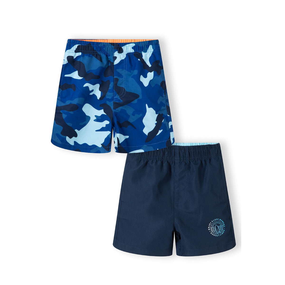 Boys' swim shorts 2-pack in blue camouflage and navy — complete product view for square Shop card