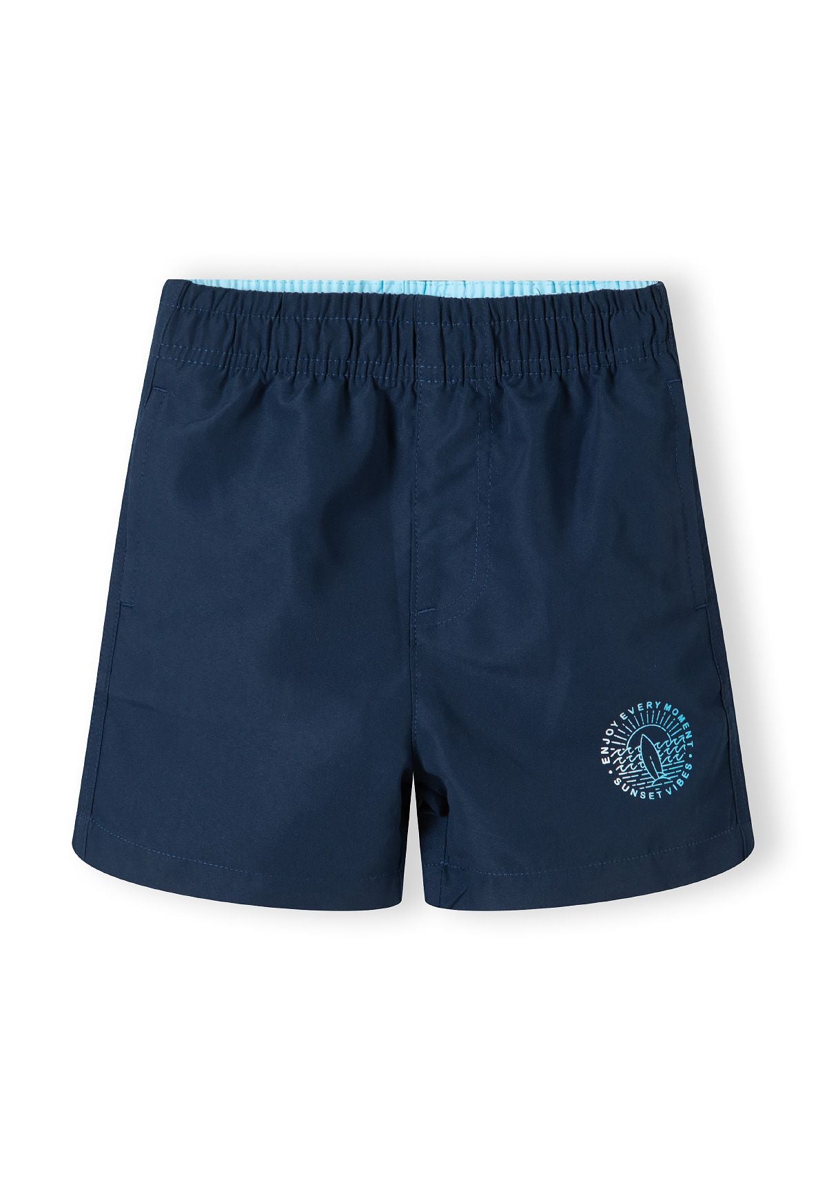 Boys navy swim shorts with elasticated waistband and printed logo detail, front view.