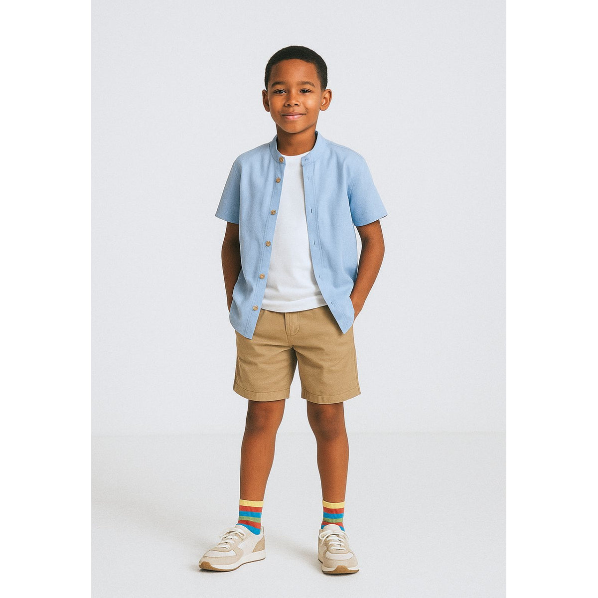 Boys' grandad collar shirt and shorts set in light blue and beige — complete product view for square Shop card