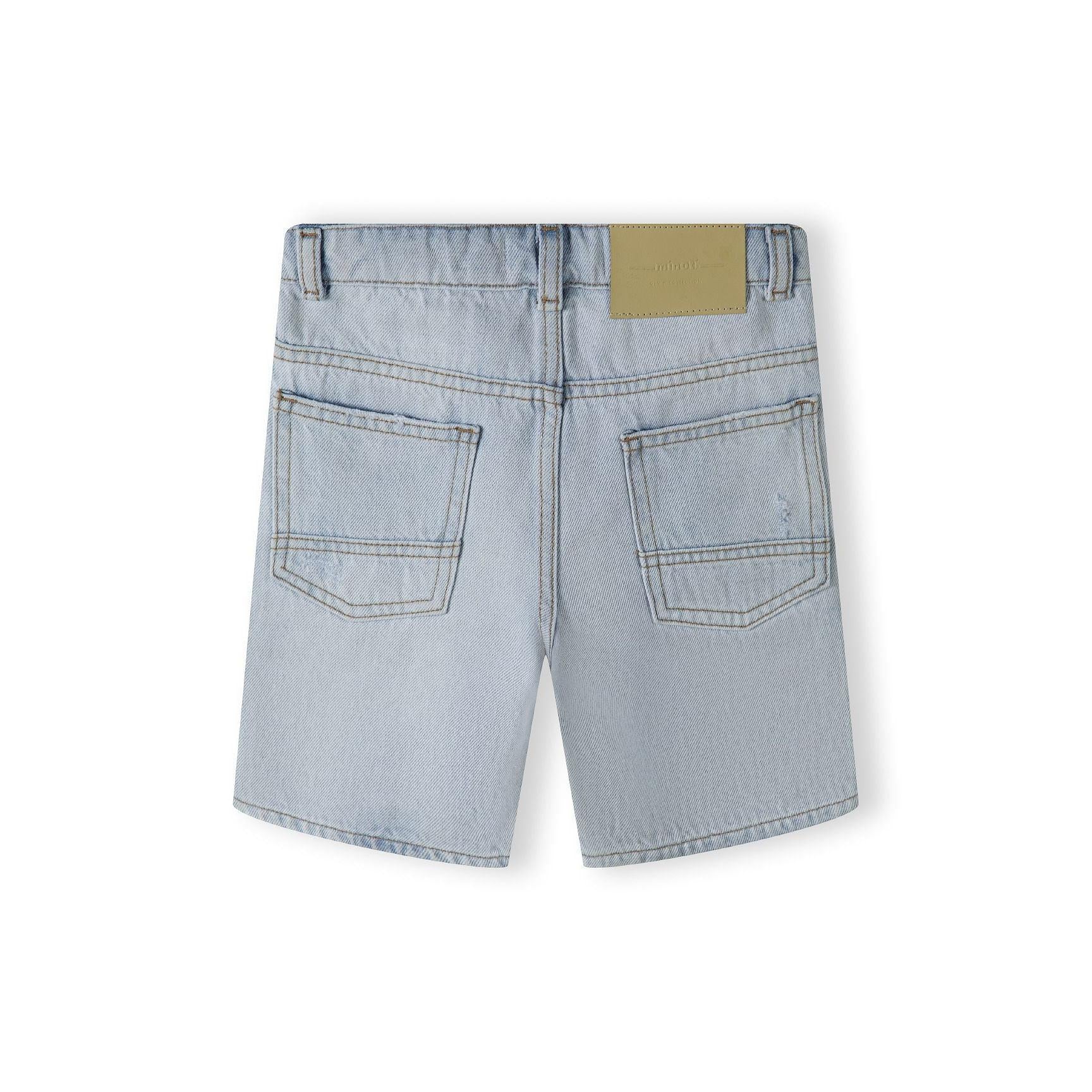 Back view of light blue denim shorts showing classic 5-pocket design and Minoti label on waistband