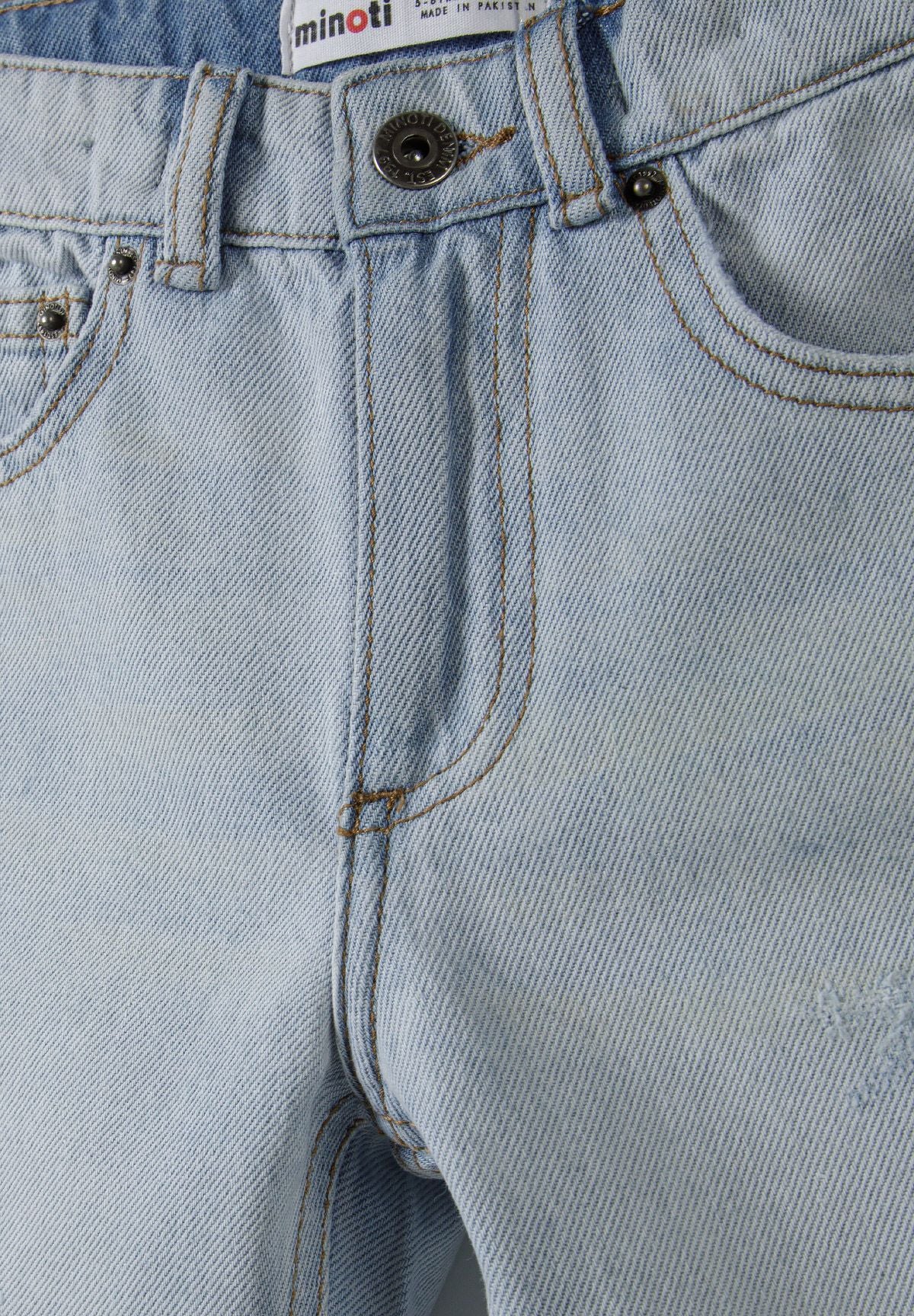 Light blue denim shorts, button and pocket detail.