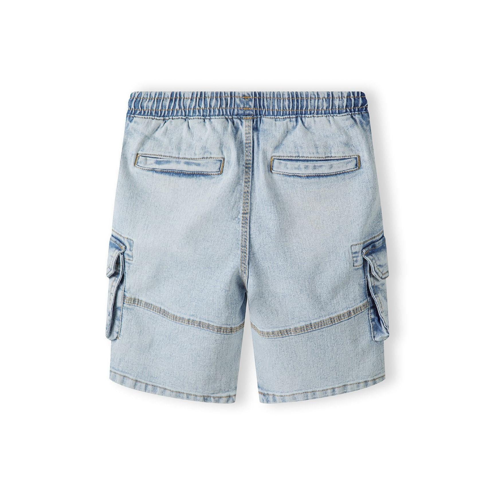 Back view of light blue denim cargo shorts showing elasticated waistband and rear pockets on white background