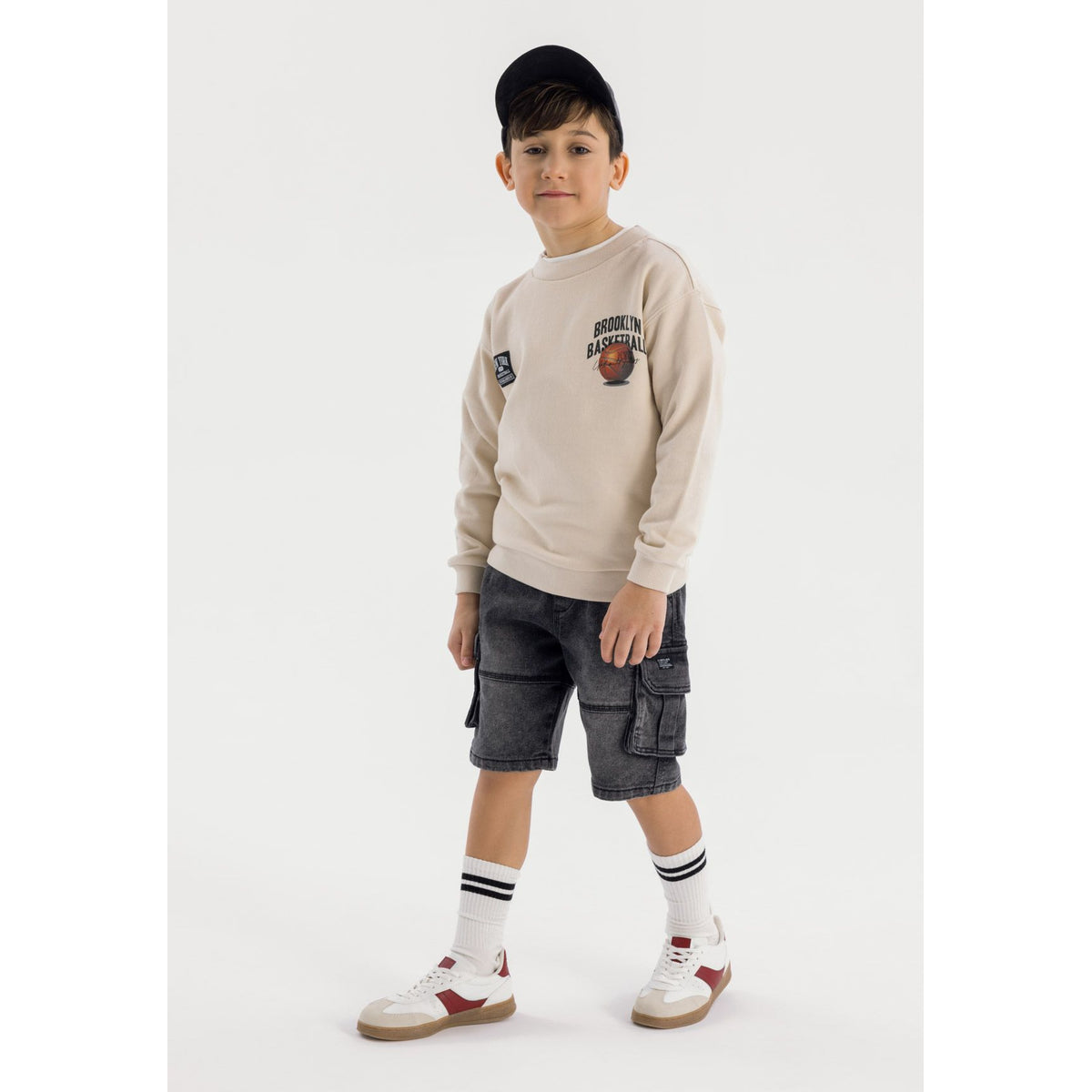 Boys' denim cargo shorts in washed black — complete product view for square Shop card