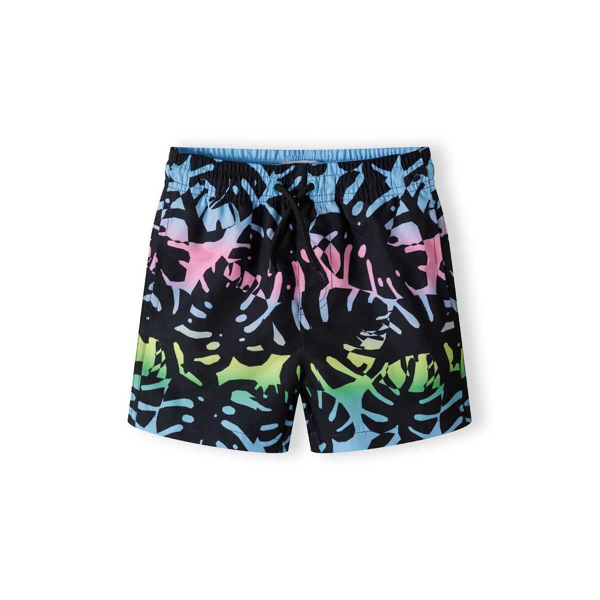 Boys' swim shorts in black with multicolour print — complete product view for square Shop card