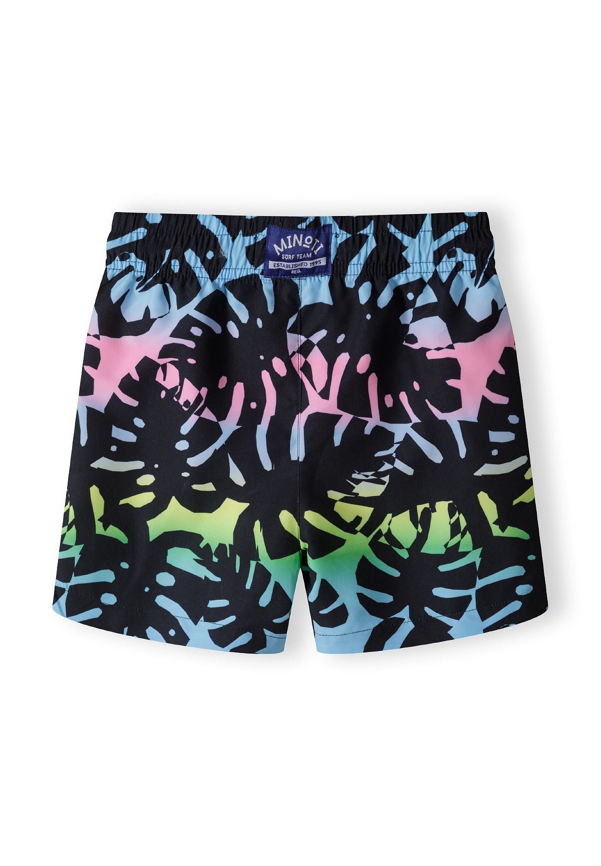 Black with multicolour print swim shorts, back.