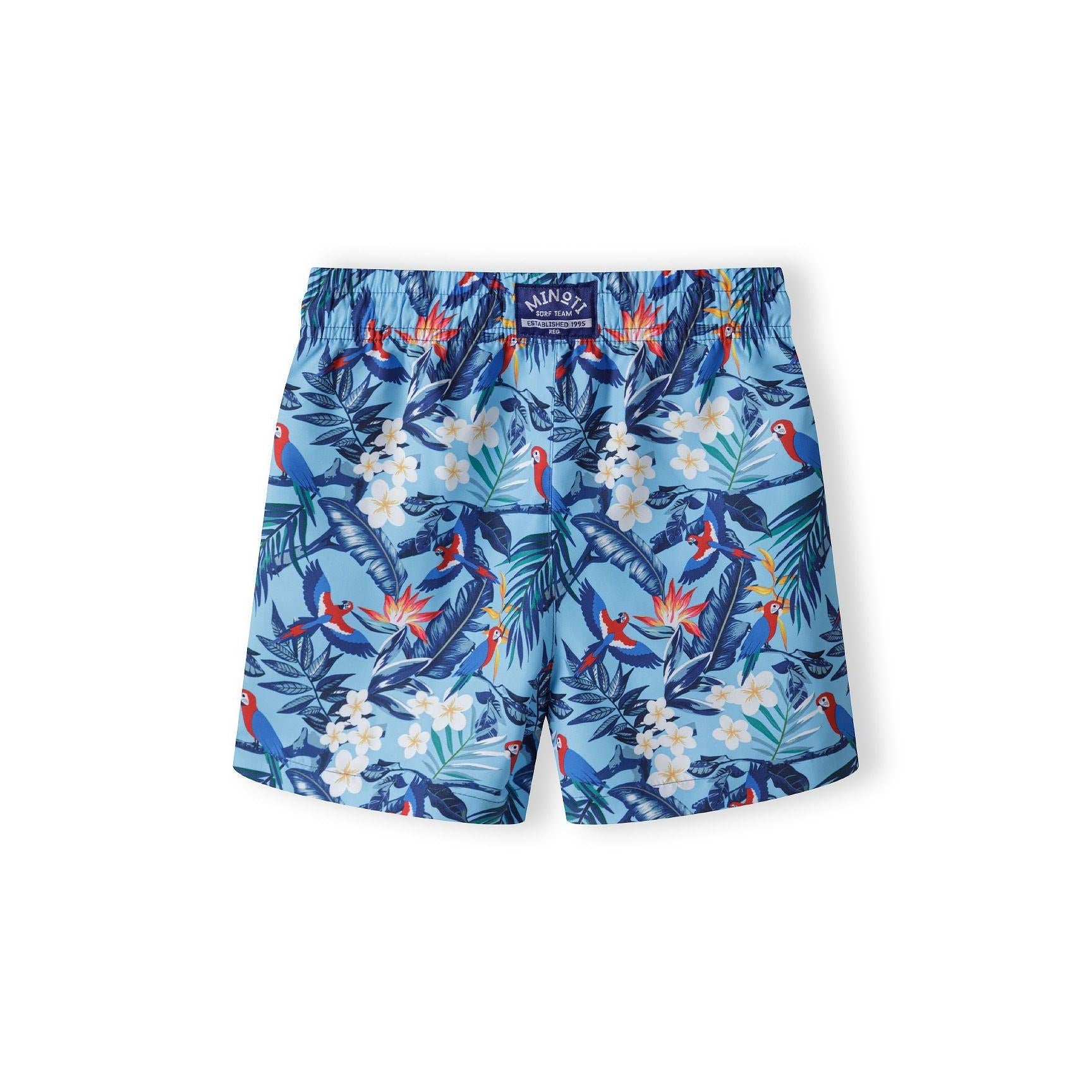 Back view of blue tropical print swim shorts showing Minoti label and continued parrot palm leaf pattern against white background