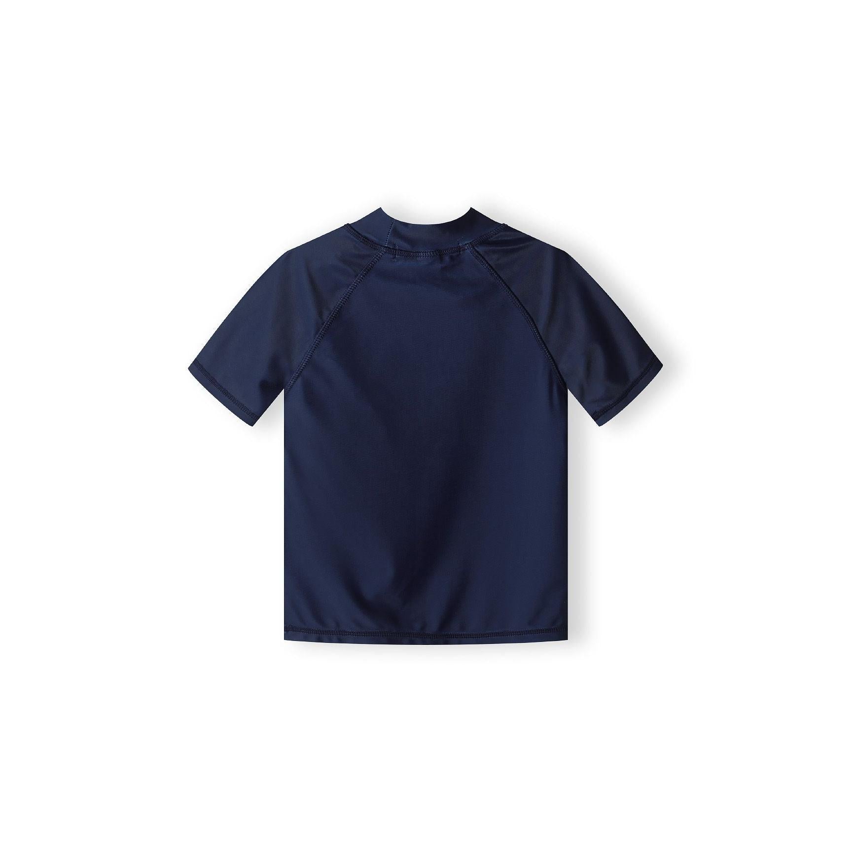 Back view of navy swim top showing plain back design with raglan sleeve construction on white background