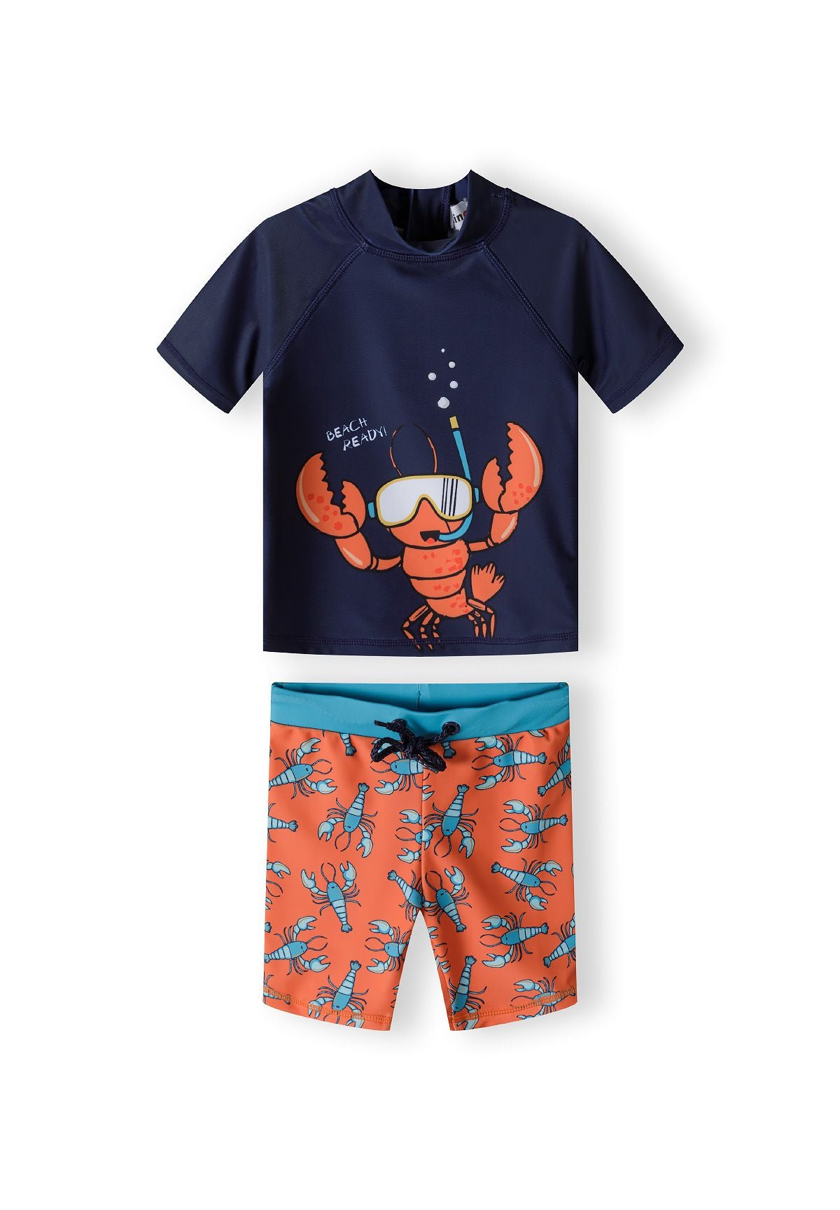 Navy, orange and turquoise rash vest and swim shorts set, set front.