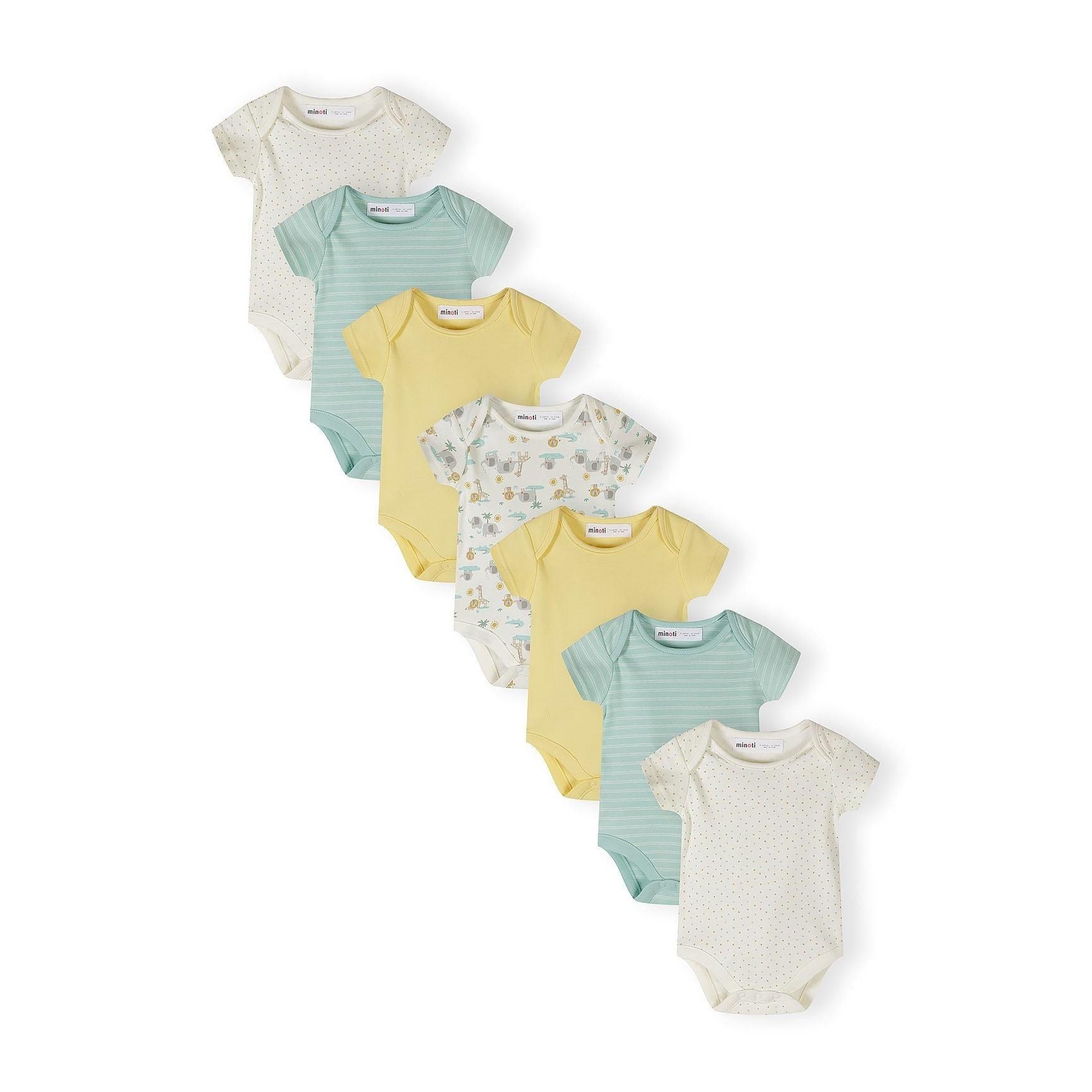 Seven cream and mint green bodysuits arranged diagonally showing safari animal prints, stripes and polka dots on white background