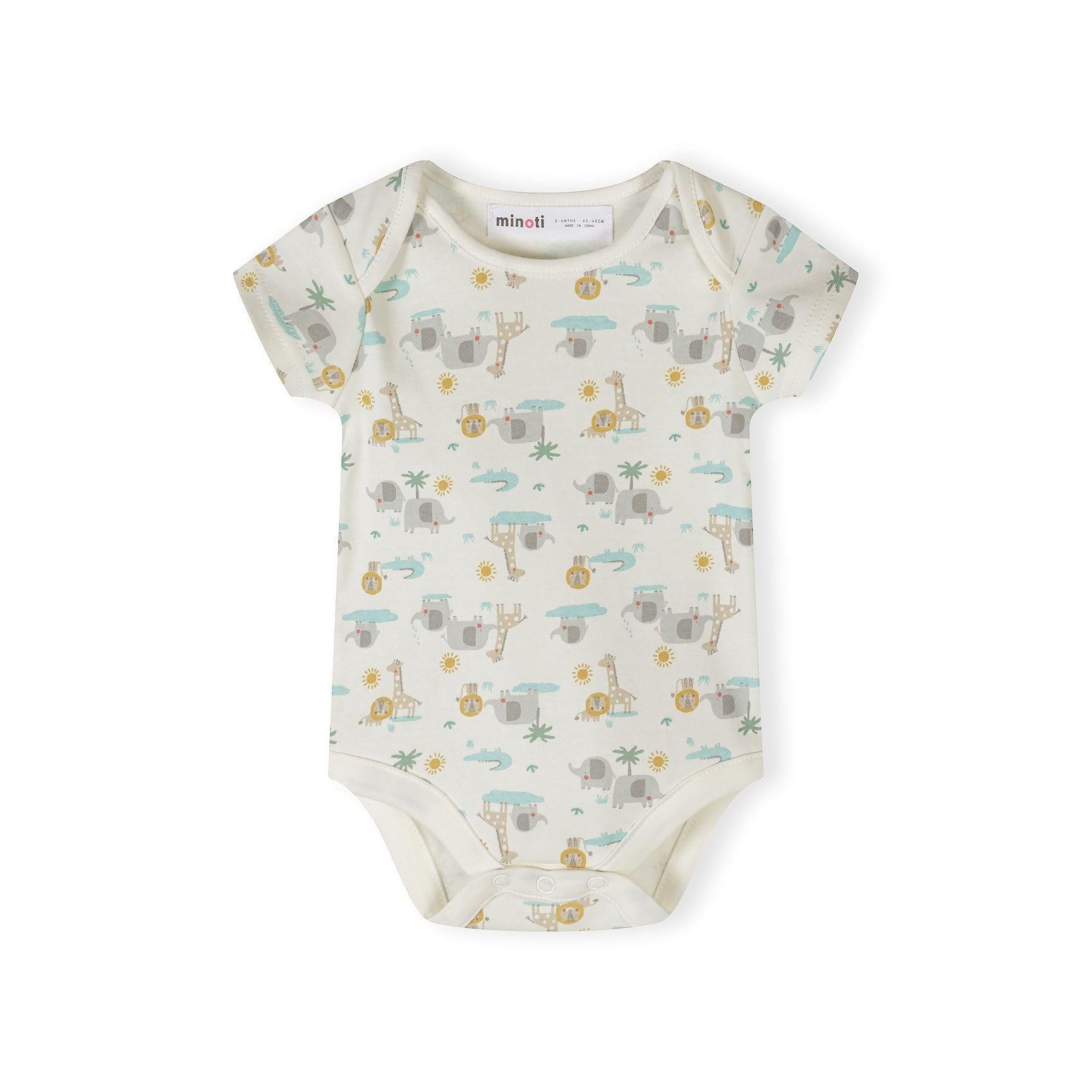 Single cream bodysuit with safari animal print featuring elephants, giraffes, lions and palm trees on white background