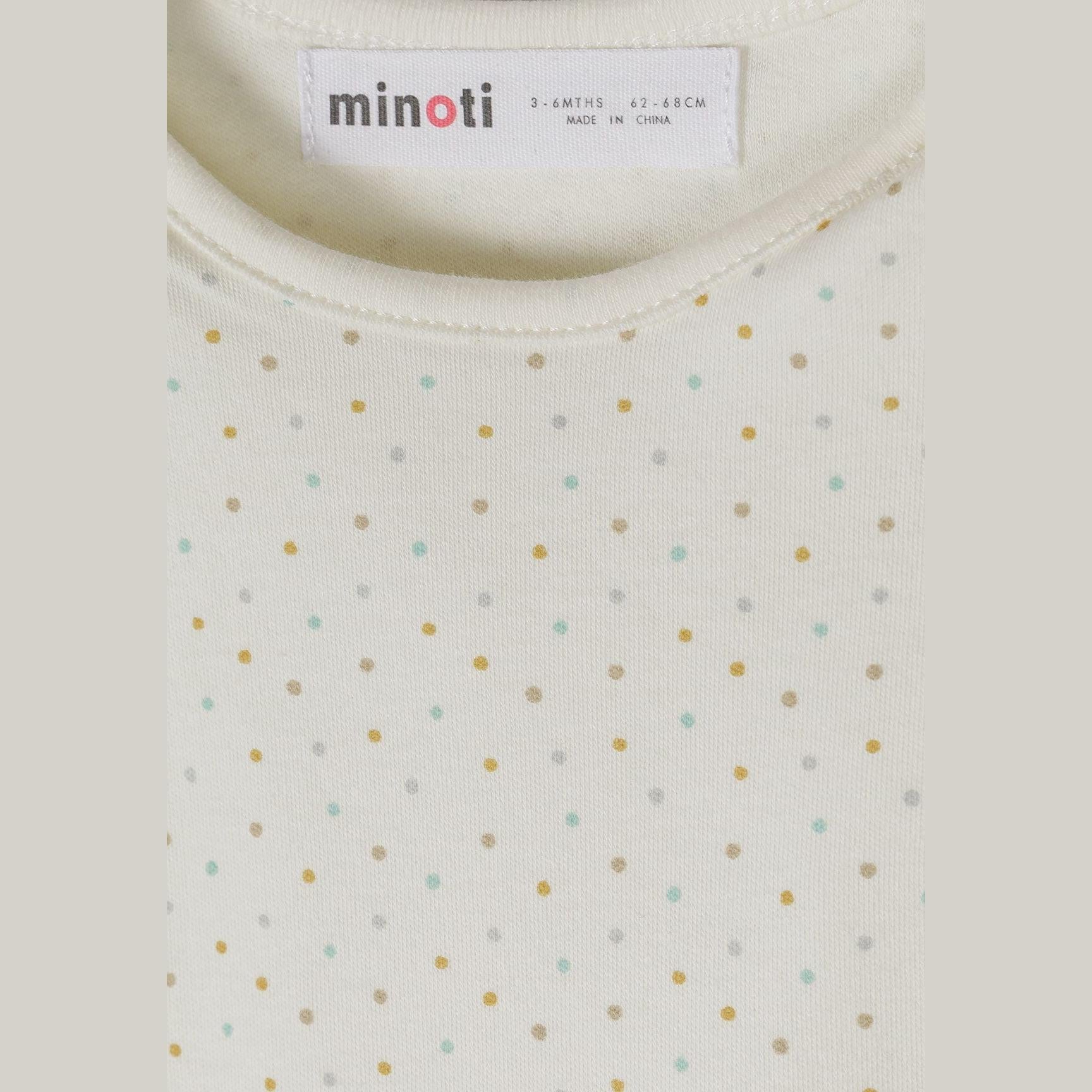 Close-up detail of cream bodysuit showing Minoti label and colorful polka dot pattern in yellow, mint, grey and coral