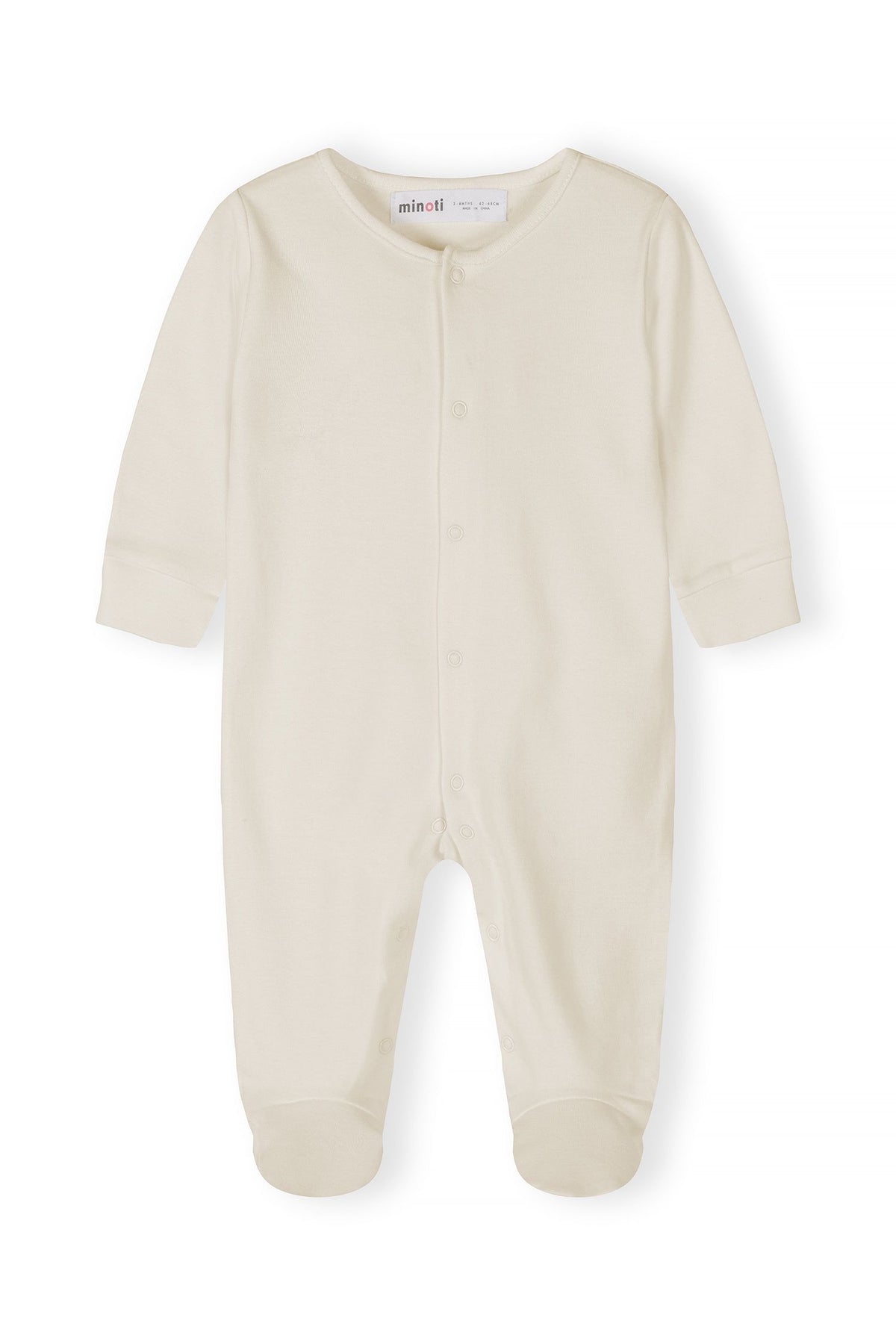 Grey marl, white, tan, grey and cream sleepsuits, cream front.