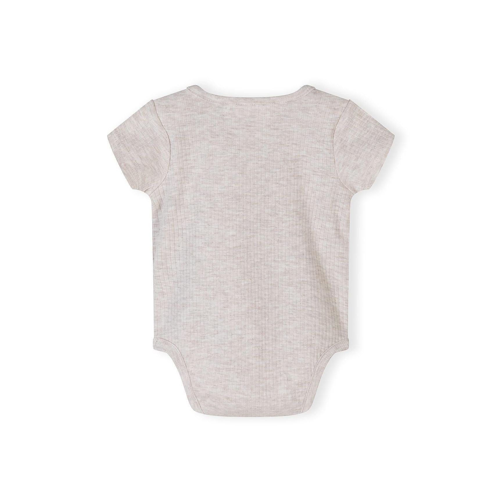 Detail view of beige ribbed bodysuit showing giraffe illustration with 'HELLO' text and fabric texture on white background