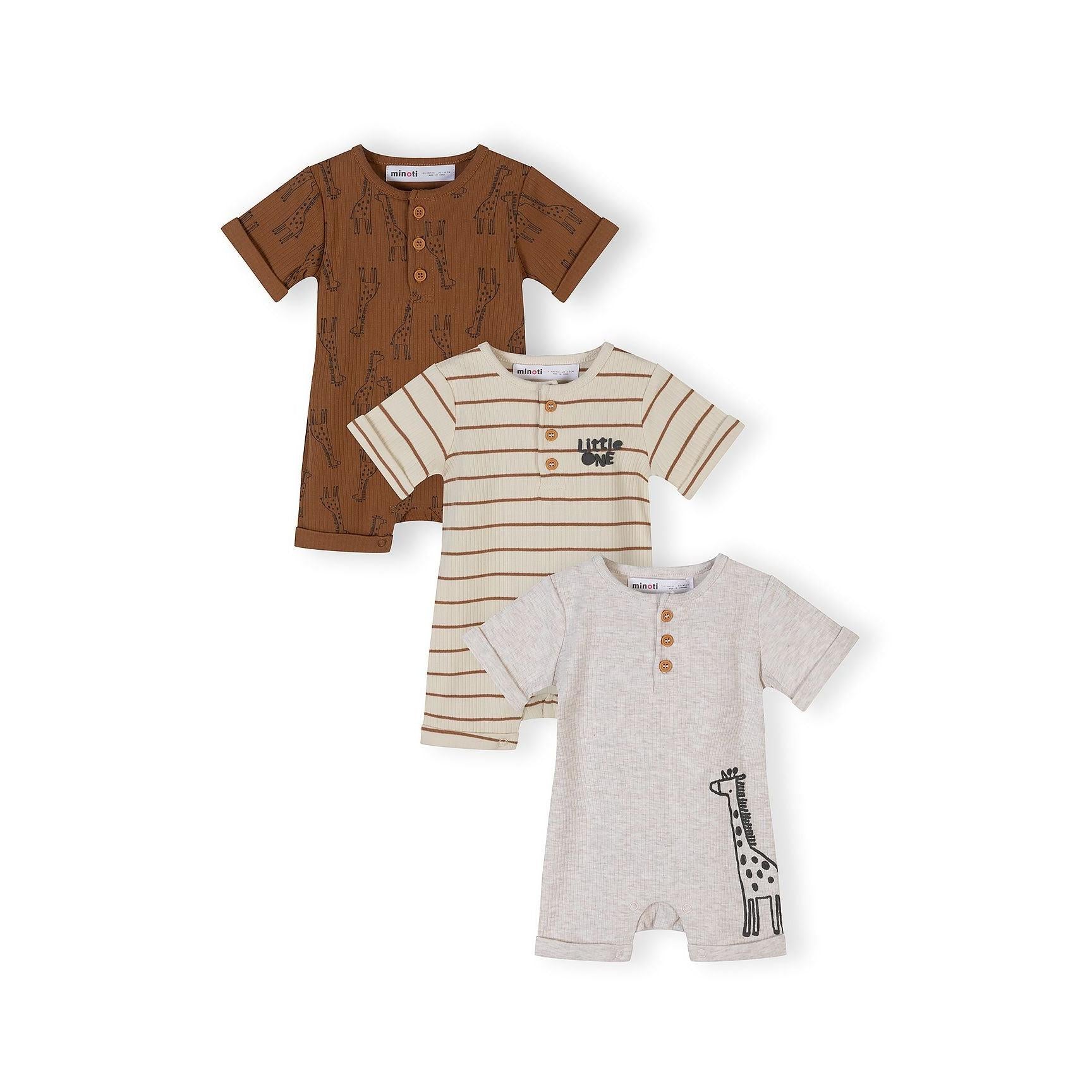 Three baby rompers laid flat against white background showing brown giraffe print, beige striped, and grey giraffe design variations