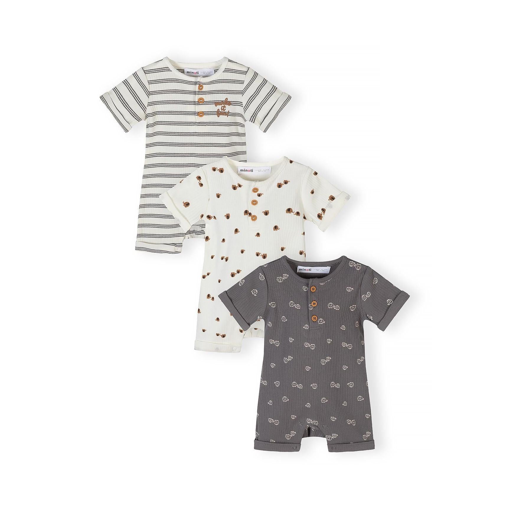 Three short sleeve rompers laid flat showing striped grey and white design, cream with brown animal prints, and charcoal grey with white elephant motifs