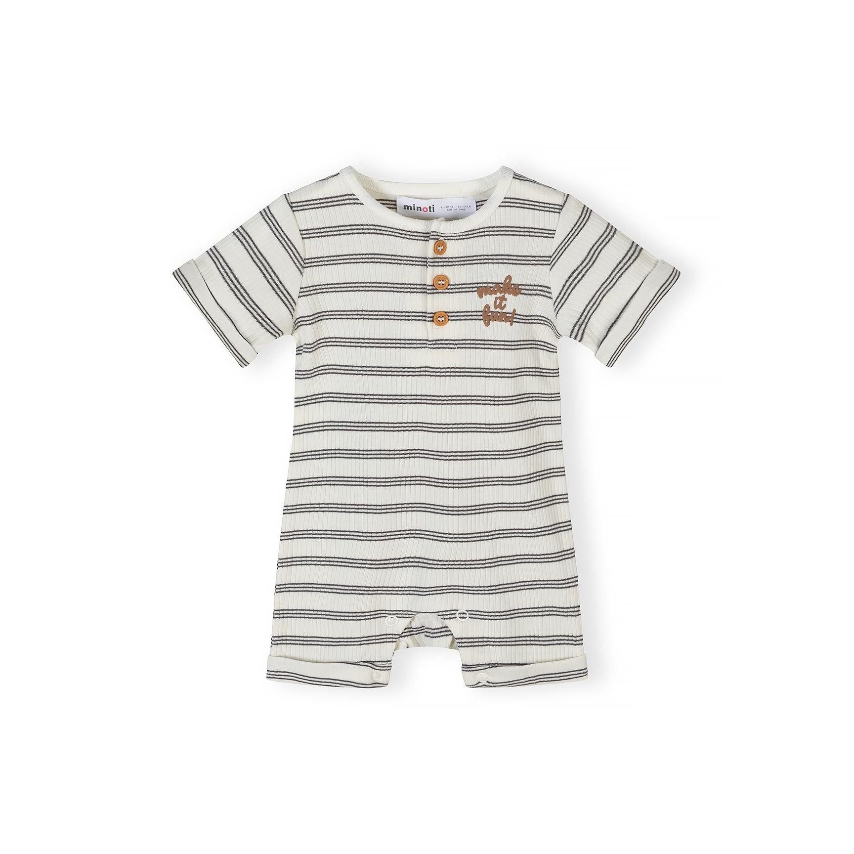 Single charcoal grey romper with white elephant print pattern and wooden button fastenings displayed against white background