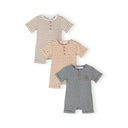 Three boys' ribbed cotton short sleeve rompers: striped beige, polka dot beige, and grey with "Big smiles" embroidery.