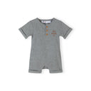 Grey ribbed cotton short sleeve romper for boys, featuring snap buttons and "Big Smiles" embroidery.