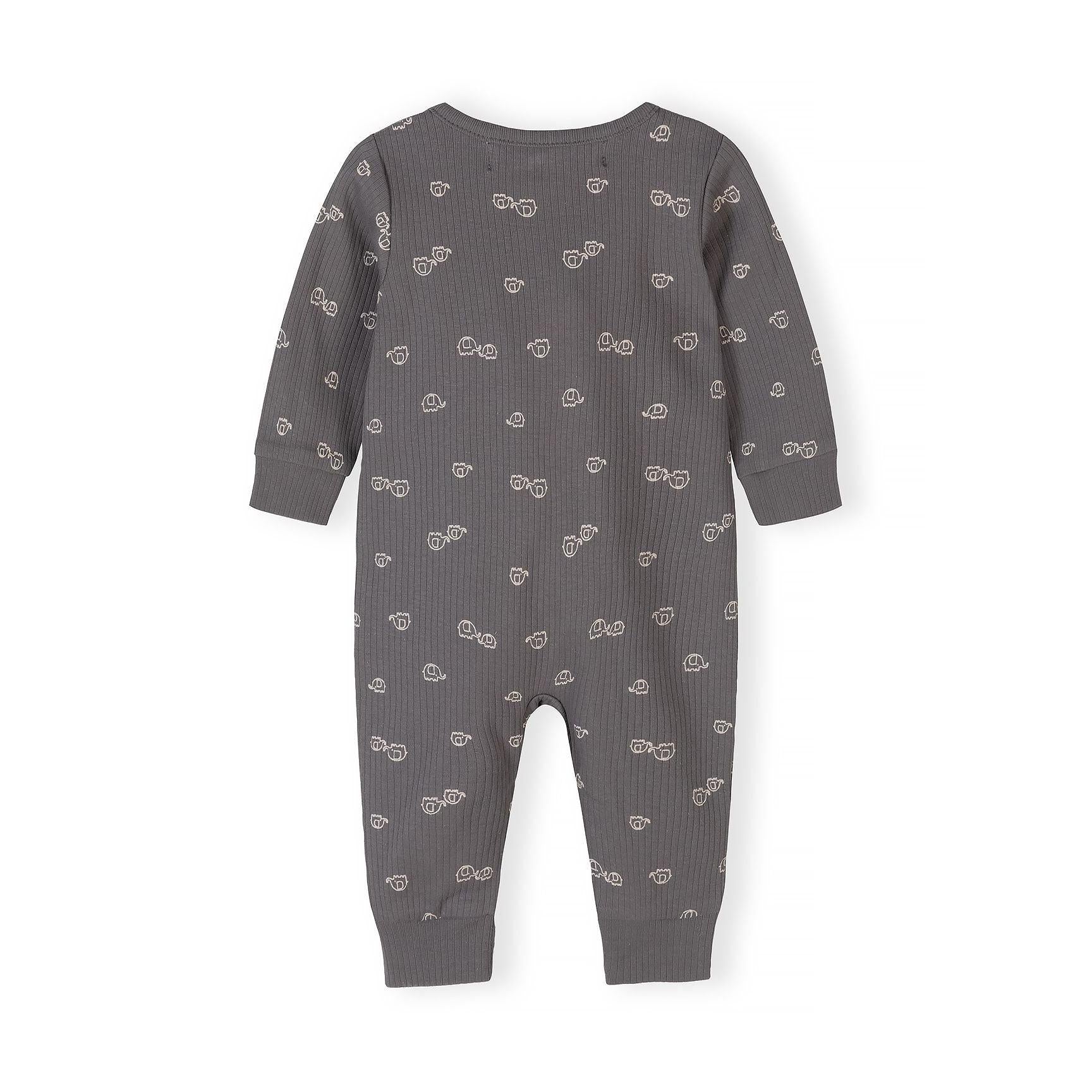 Detail view of grey romper fabric showing ribbed texture and small white elephant motifs scattered across the surface