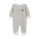 Unisex ribbed long sleeve romper in white with thin grey stripes and "make it fun" embroidery.