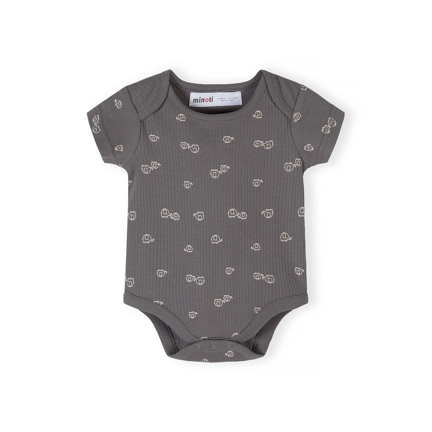 Close-up of grey ribbed bodysuit with white elephant outline prints showing envelope neckline and Minoti label detail