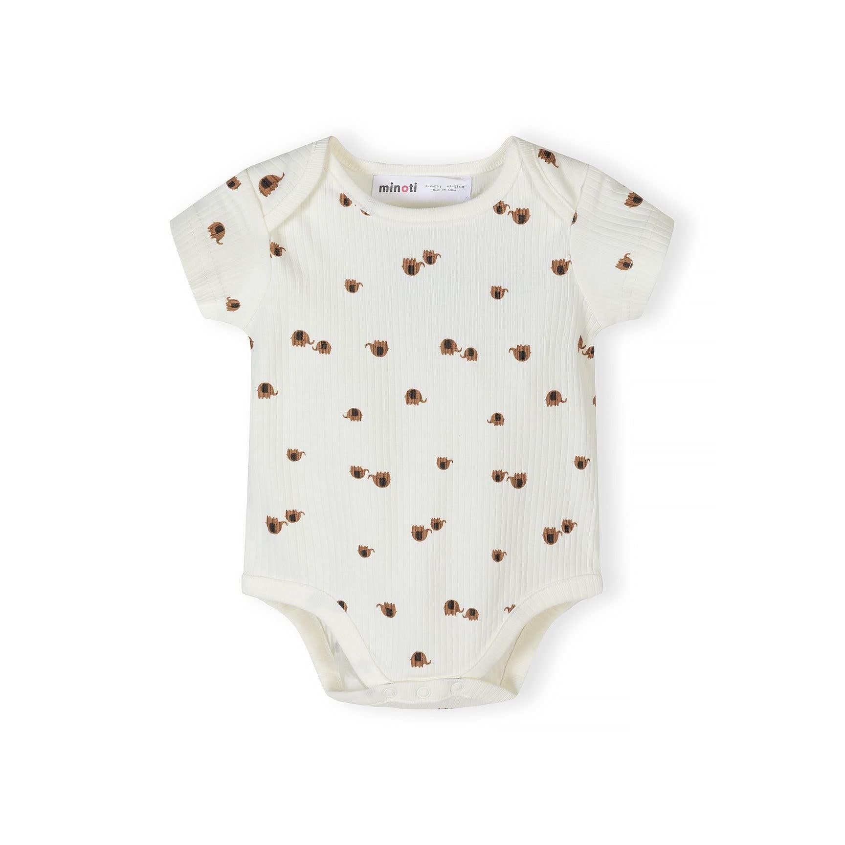 Close-up of grey ribbed bodysuit with white elephant outline prints showing envelope neckline and Minoti label detail