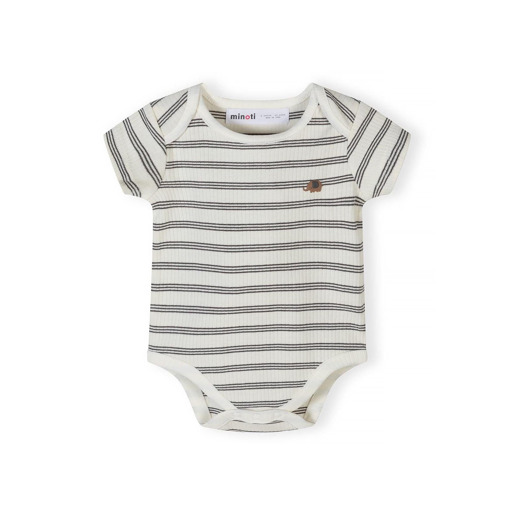 Detailed view of grey bodysuit fabric showing ribbed texture and repeated white elephant print pattern with Minoti brand label visible