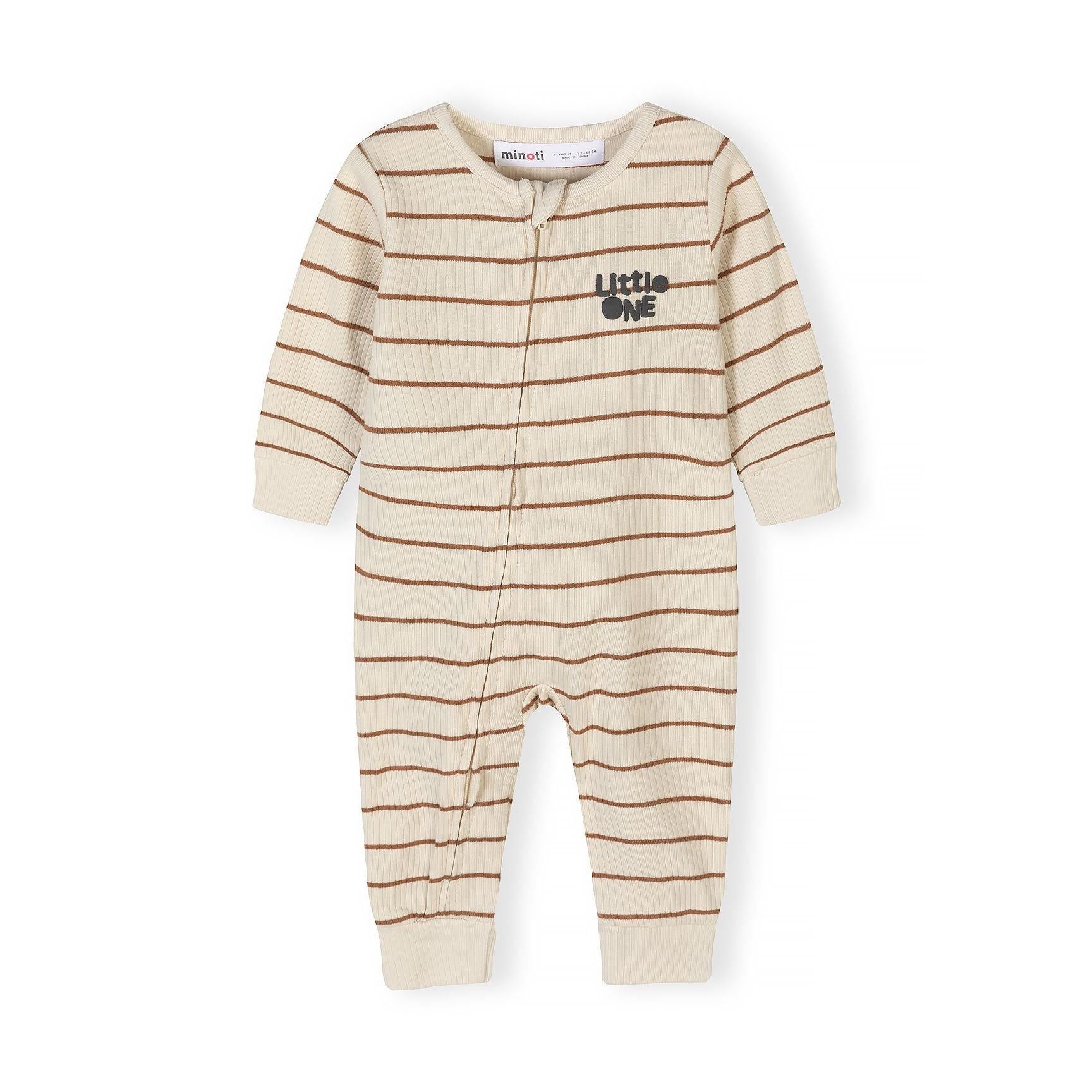 Single beige striped ribbed romper with brown stripes and Little One text detail, front zip closure visible