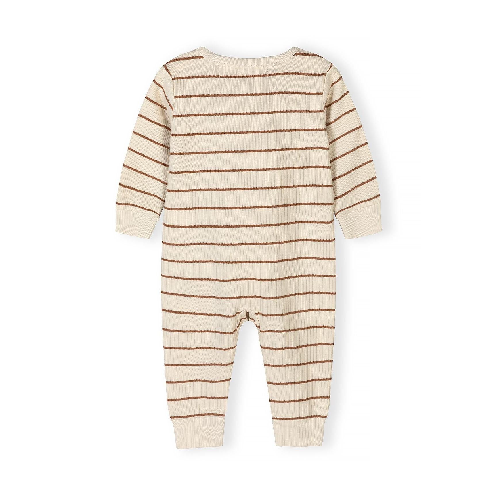 Close-up detail of beige striped romper showing Minoti label, ribbed texture, and Little One text placement on chest area