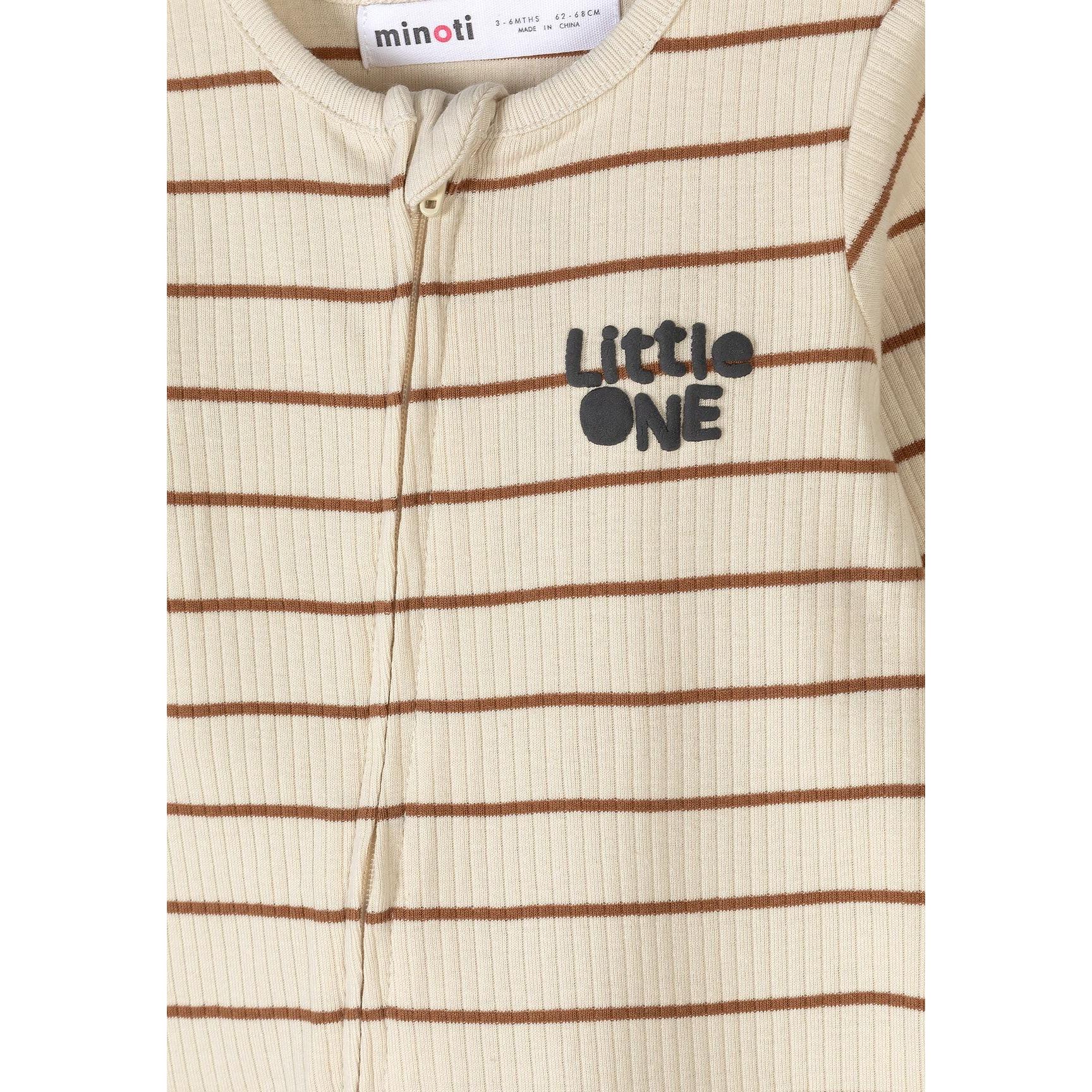 Close-up detail of beige striped romper showing Minoti label, ribbed texture, and Little One text placement on chest area