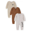 Girls 3-pack ribbed beige and cognac giraffe print rompers with long sleeves and snaps.