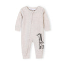 Beige ribbed baby romper with long sleeves and a black giraffe print.
