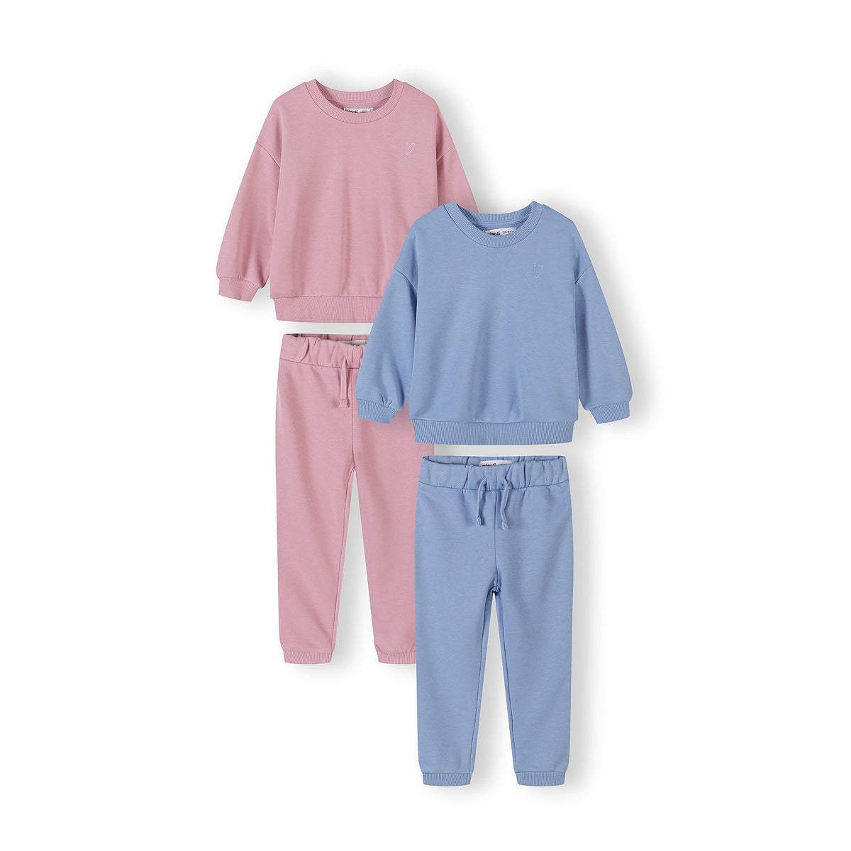 Girls' sweatshirt and joggers sets 2-pack in pink and blue — complete product view for square Shop card