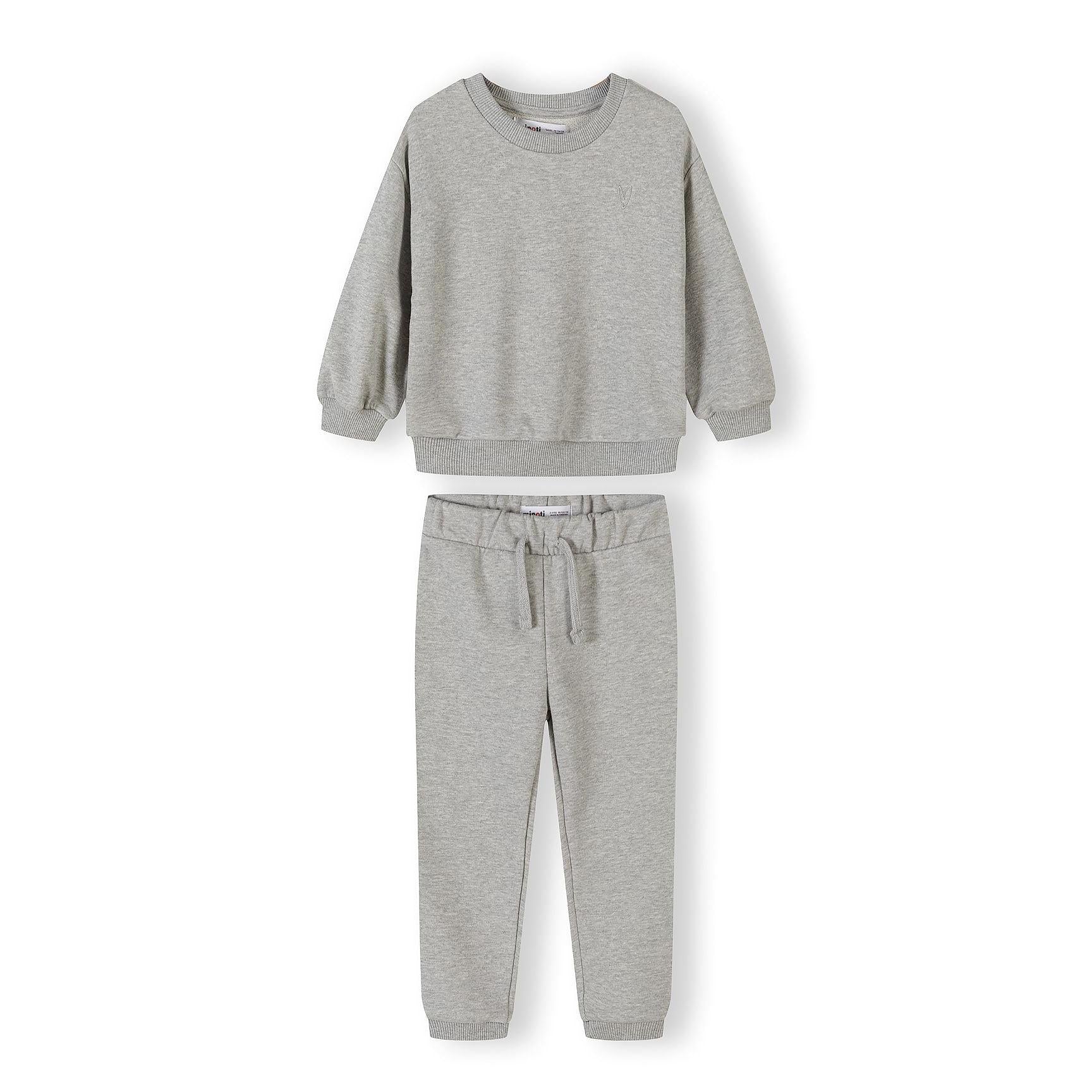 Grey tracksuit set with sweatshirt and joggers displayed on white background showing ribbed details