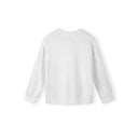 Back view of white sweatshirt showing plain design and ribbed detailing