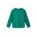 Close-up of green sweatshirt showing Great Days New Adventure white text print