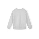 Close-up detail of grey sweatshirt showing chest print text reading 'GREAT DAYS... NEW ADVENTURE' in purple lettering