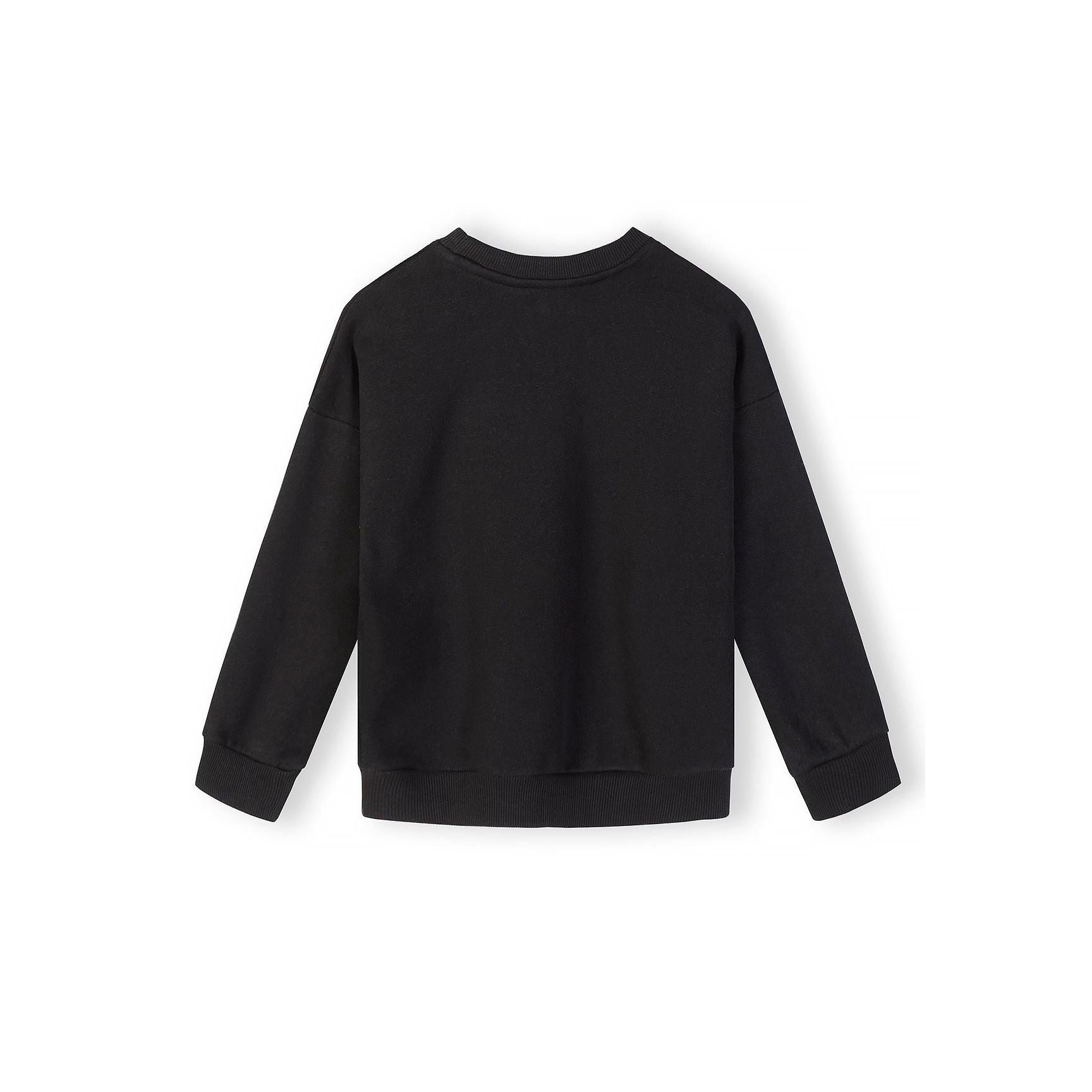 Black sweatshirt back view showing plain design with crew neck and ribbed hem detail on white background