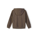 Close-up detail of cream hoodie showing zip closure, small text print on chest area, kangaroo pocket opening and soft cotton fabric texture